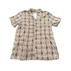 Distortion Mens Medium Tan Aztec Tribal Print Button Up Short Sleeve Shirt